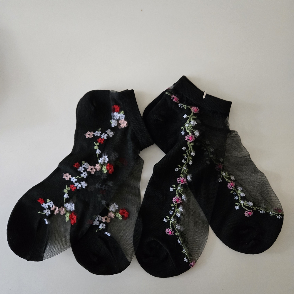 Ankle Boots Socks - Floral Embroidered Sheer Black Socks